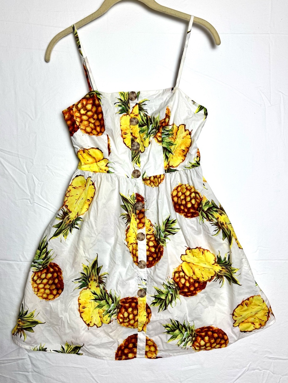 Womens Pineapple Fruit Print White Sundress with Buttons Small